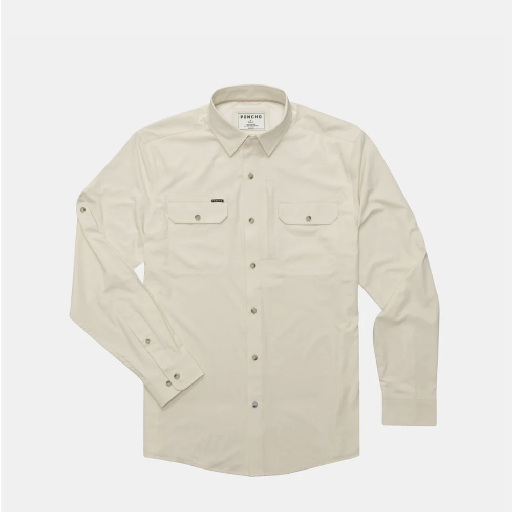 Men’s large poncho outdoors long sleeve beige pearl snap shirt